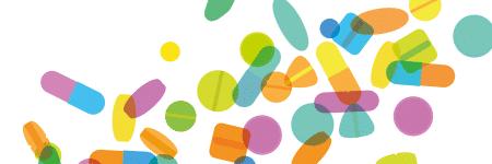 Assortment of illustrated, coloured pills falling on a white background