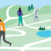 In this illustration, a man in an orange jacket looks through an oversized pair of binoculars into the distance. He is walking along a path, which winds up and down hills out of sight. In the background is a woman looking at a statue of a book. A statue of a pedigree sits nearby.