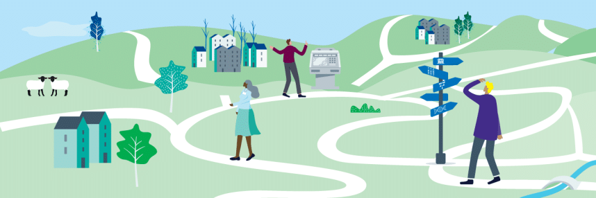 In this illustration, a man in the foreground looks up at a signpost pointing in lots of different directions as he walks along a path. A woman nearby holds a clipboard and looks at two identical sheep in the distance. A man in the background gesticulates at a computer. They are all either walking along or standing on a path that winds through hills into the distance.