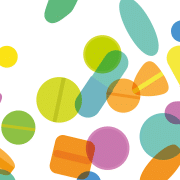 Assortment of illustrated, coloured pills falling on a white background