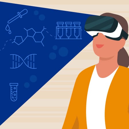 Conceptual representation of a woman wearing a VR headset, with laboratory icons in a prism of coloured light