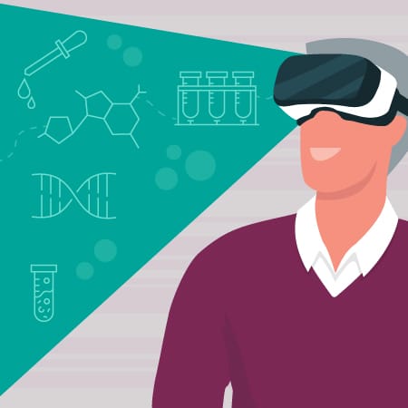 Conceptual representation of a man wearing a VR headset, with laboratory icons in a prism of coloured light