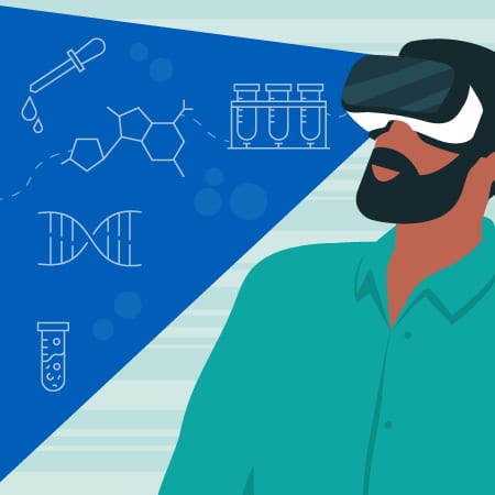 Conceptual representation of a man wearing a VR headset, with laboratory icons in a prism of coloured light