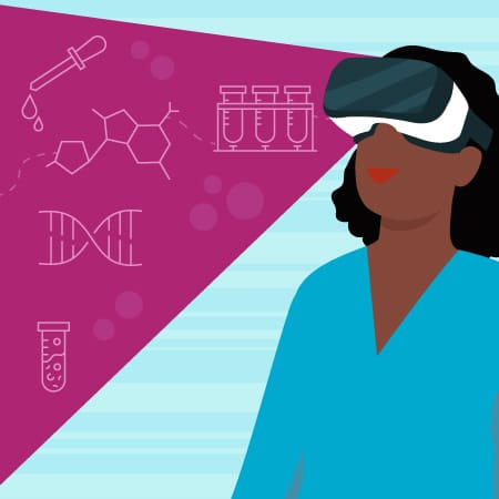 Conceptual representation of a woman wearing a VR headset, with laboratory icons in a prism of coloured light