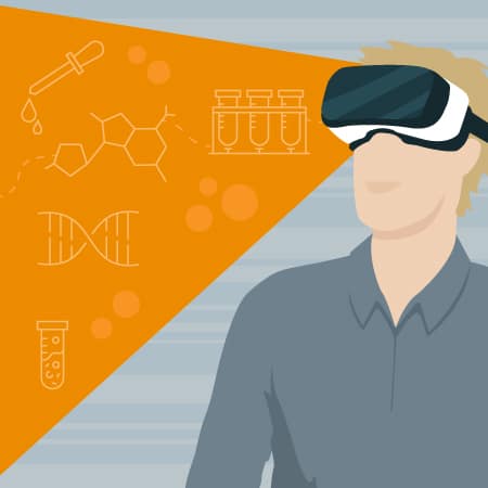 Conceptual representation of a man wearing a VR headset, with laboratory icons in a prism of coloured light